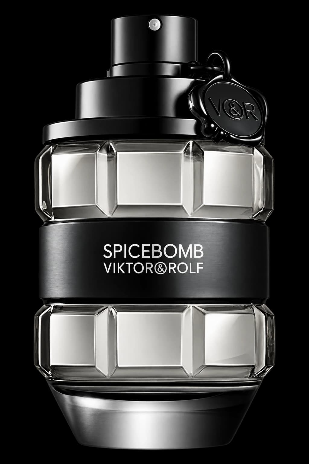 Frasco de Spicebomb original de Viktor & Rolf, con vidrio facetado y banda negra